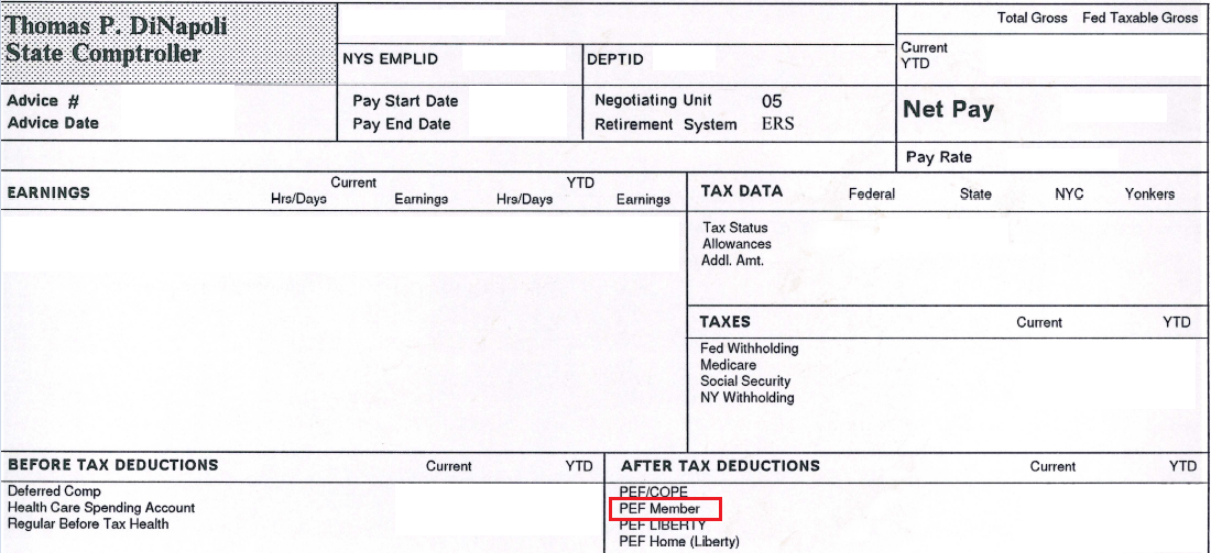 Sample paycheck indicating dues withdrawn.