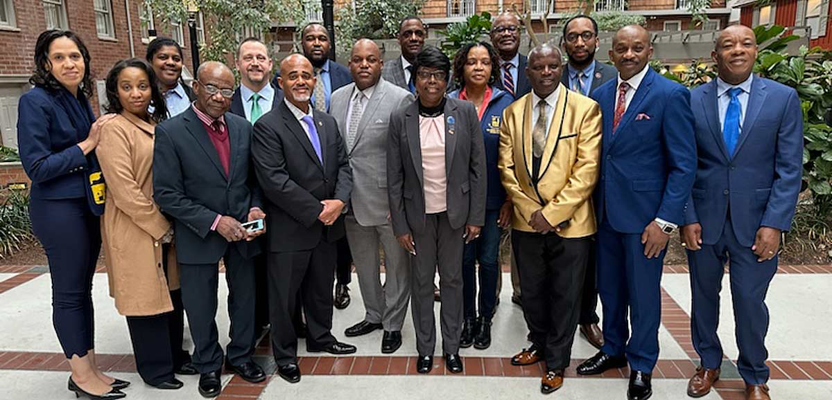 Members of the Brooklyn clergy pose for a photograph with PEF leaders and staff at the Desmond Hotel on March 5, 2024, prior to their meeting with the governor’s office.