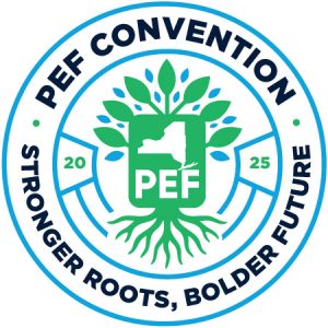 2025 PEF Convention Logo: The union's traditional outline of New York State, with roots extending below and buds growing off the top, surrounded by the Convention theme in a circle - "Stronger Roots, Bolder Future"