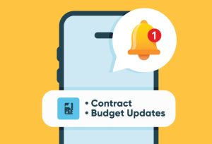 Graphic: Phone with bell notification and the words "Contract" and "Budget Updates"
